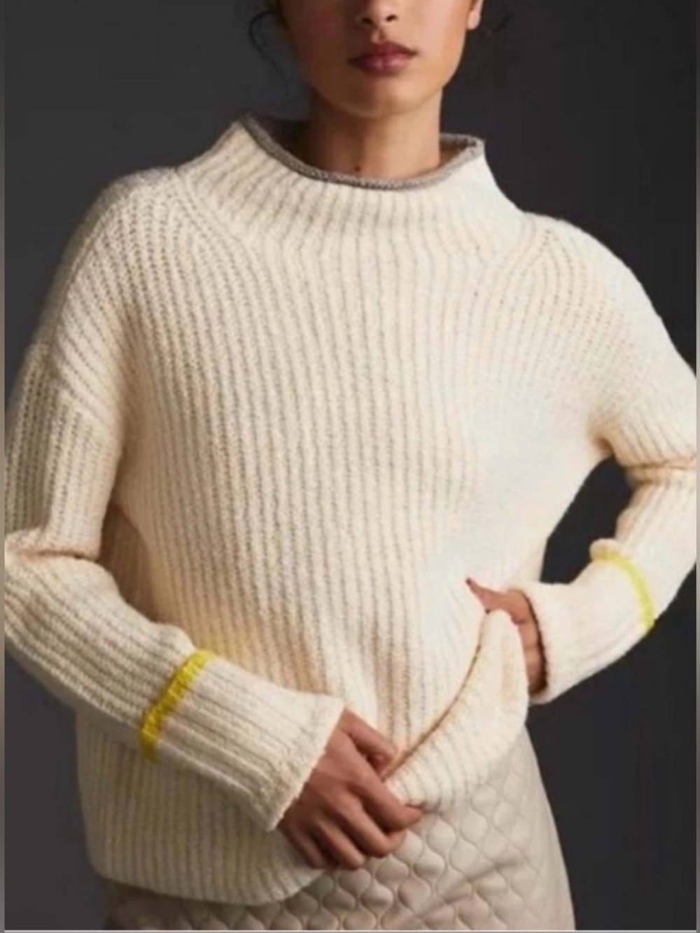 Maeve Anthropologie Ivory Chunky Ribbed Mock Neck Sweater Neon Yellow Trim S